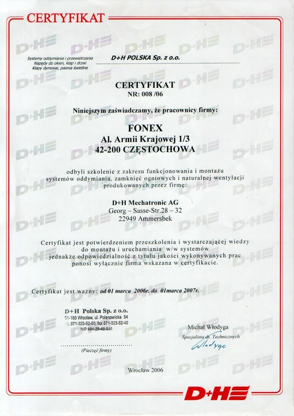 Certyfikat D+H Polska Sp. z o.o. (2006)