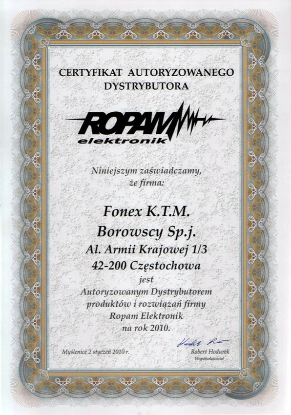 Certyfikat autoryzowanego dystrybutora ROPAM elektronik (2010)